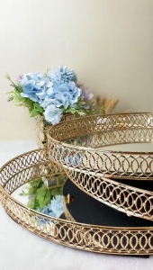 Nampan Kristal Tray Kaca RING OVAL Cermin Mewah Emas Home Decoration Pajangan Nampan Dekorasi Kemewahan Ruang Tamu Tempat Seserahan Tempat Perhiasan Nampan Kristal Baki Hantaran Pernikahan Perlengkapan Seserahan Pernikahan Souvenir Wedding Nampan Lebaran