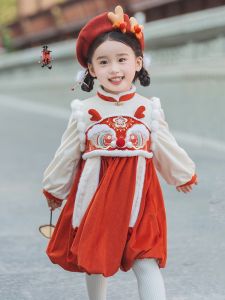 Xiaofulong Girls Hanfu Style Fleece Lined Thick New Year Visit Dress Childrens Traditional Chinese Costume Winter New Arrival