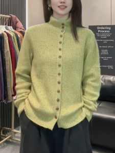 QINGNAER | Fashion Soft Loose Sweater Womens Plus Size Light Green Stripe High Neck Cardigan