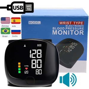 ใหม่ LED เครื่องวัดความดันโลหิตที่ข้อมือชาร์จภาษาอังกฤษ Voice Broadcast Sphygmomanometer Tonometer BP Monitor