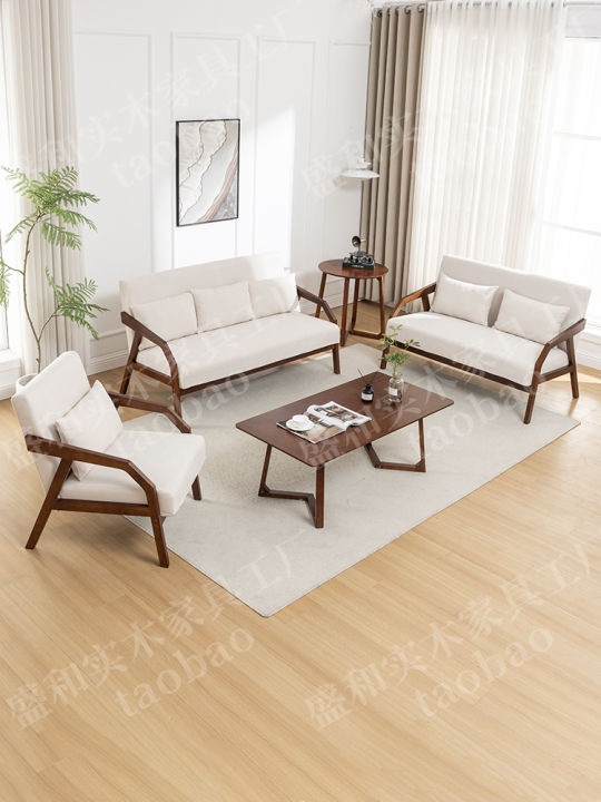 Retro Style Solid Wood Sofa Set Small Size Fabric Living Room