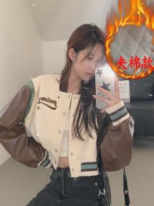 สไตล์อเมริกัน เบสบอลเย็บปะติดปะต่อ เสื้อแจ็คเก็ต ผู้หญิง ฤดูใบไม้ร่วง ฤดูหนาว หนาขึ้น อบอุ่น ผ้าฝ้าย หลวม หลากหลาย นักเรียน เสื้อโค้ทสั้น