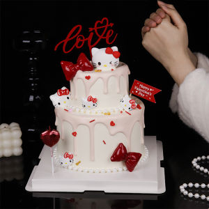Valentines Day KT Cat Cake Decoration Display Romantic LOVE Tag Leather Butterfly Knot Pearl Chain Sweet Dessert Costume