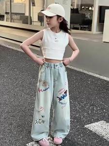 New Print Jeans for 7-16years Kids Girl Fashion Denim Baggy Jeans Straight Leg Jeans Loose Pants for Teens Girls Cartoon Design Wide Leg Trouser Summer Jeans 130-160CM