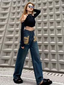 กางเกงยีนส์ขากว้างเอวสูงสไตล์ย้อนยุคสีน้ำเงิน กางเกงขายาวทรงตรงหลวมๆ สำหรับผู้หญิง กางเกงขายาวลำลองสำหรับฤดูใบไม้ร่วง