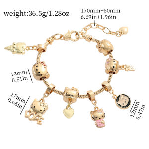 Sanrio | Kawaii Hello Kitty Beaded Bracelet - Zinc Alloy Gold Tone DIY Charms with Love & Heart Pendants Gift for Kitty Fans