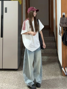 XIANGBAIWEI | American Street Style Striped T-Shirt V-Neck Loose Bear Embroidered Summer Top
