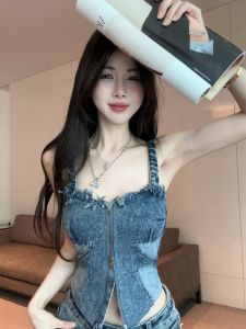 GUZILIAN | Áo vest denim American frayed dành cho nữ mùa hè độc đáo gợi cảm một bên vai áo vest nhỏ kiểu Thái