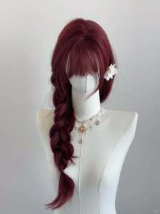 หมวกผมยาวสีแดง ทรงสลิมสไตล์เจ้าหญิงหลวมๆ สไตล์สาวๆ เหมาะสำหรับวัยรุ่น หมวกผมวีนเนียสธรรมชาติ ทรงยาวคลุมไหล่