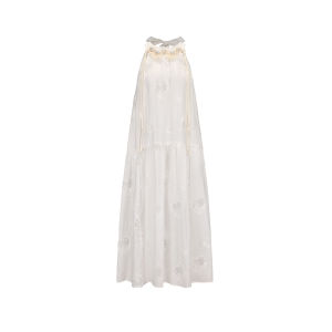 XIAOLI | Summer White Lemon Embroidered Cutout Halter Strap Dress