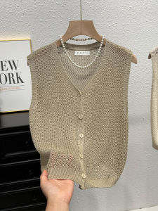 Retro V-Neck Knitted Vest Women Summer Thin Loose Fashionable Hollow out Short Ice Silk Top Versatile Outerwear Cardigan