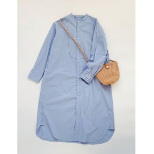 Long Sleeve Cotton Dress Midi Shirt Dress Womens Loose Fit Stand Collar Pure Color Autumn Fashion Simple Versatile Dress