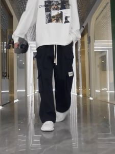 Pocket Cargo Pants For Men Solid Color Overalls Loose Straight Sports Trousers Korean Fashion