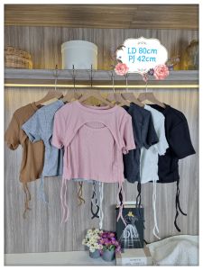 CROP TOP TANGAN PENDEK APLIKASI SERUT / ATASAN CROP /ATASAN CROP TALI SERUT