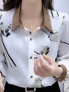เสื้อเชิ้ตผู้หญิงแขนยาวพิมพ์ลายชีฟองแฟชั่นฤดูใบไม้ผลิและฤดูใบไม้ร่วง เสื้อเชิ้ตผู้หญิงทรงหลวมสบาย ๆ โพลีเอสเตอร์