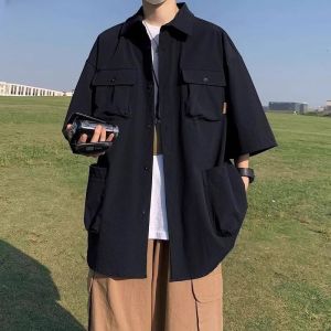 PAZHAOLANG | Vintage Workwear Short Sleeve Shirt with Multiple Pockets