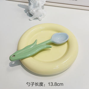 Creative Tulip Flower Ceramic Long Handle Soup Spoon Dessert Coffee Stirring Spoon Ladle Home Use Handmade Dining Utensils