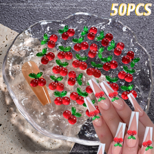 50Pcs 3D Red Cherry Nail Charms Summer Fruits Series Resin Nail Art Decorations DIY Phone Case Crafts Hairpin Manicure Accessory