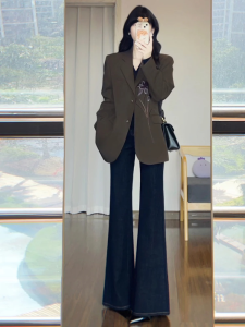 American Style Deep Blue Straight Leg Bell Bottom Jeans Womens Spring Autumn High Waist Drape Loose Slim Wide Leg Pants