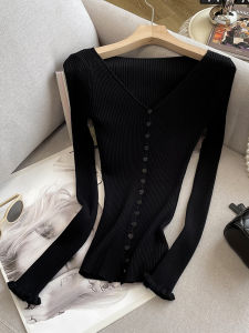 PAILAKOU | French Vintage V-Neck Knitwear Womens Slim Fit Long Sleeve Top With Wood Grain Edge Autumn Winter Fashion New Style Open Cardigan