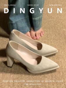 Interview High Heels Women Summer Professional Work Shoes Waterproof Platform Thick Heel Single Shoes Sharp Pointed Toe Office Commute Shoes