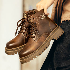 Mens Winter Martin Boots Genuine Leather Fleece Lined Motorcycle Style High Top Shoes Comfortable Soft Leather British Style