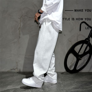 อินเทรนด์ หลวม Drape Straight Leg กางเกง Mens Three ลายทาง Splice Sport กางเกงวอร์ม เชือกรูด Wide Leg Long กางเกงขายาว