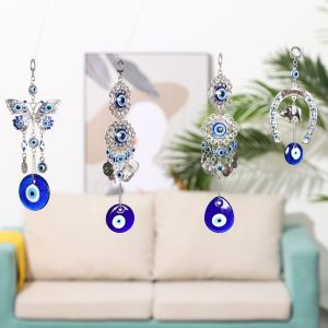 UUMIR Blessing Ornament Good Luck Charm Horseshoe with Elephant Car Pendant Glass Decoration Rope Butterfly Evil Eye Navy Blue Hanging Ornament