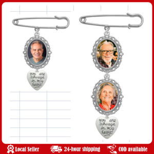 Wedding Boutonniere Bouquet Photo Memorial Charm Pin Round Mother of The Bride Gift for Groom Bride with Heart Pendant Wedding Bouquet Photo Charm DIY Pin Brooch Making Lacy Frame Charm Oval Picture Frame with Pendant for Holiday Heart