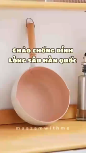 Chảo lúa mạch sâu lòng chống dính 18cm cán gỗ chảo đáy sâu màu pastel tiện dụng