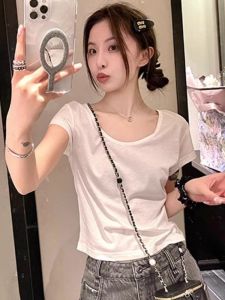 Áo Thun Nữ Tay Ngắn Cổ Chữ U Màu Trắng Mùa Hè Mỏng Thoáng Khí Dáng Rộng Phong Cách Hàn Quốc Màu Trơn Áo Ngắn