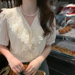 AMMIN summer new ladies V-neck short-sleeved lace shirt Korean fashion temperament ruffle stitching embroidered lace Tops