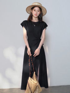 Slimming Belt Side Slit Round Neck Short Sleeve Summer Commuter Dress Womens Maxi Dress