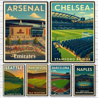 Retro Famous Football Field Canvas Wall Art, Frameless Sports Venue Poster Canvas Painting Wall Art 