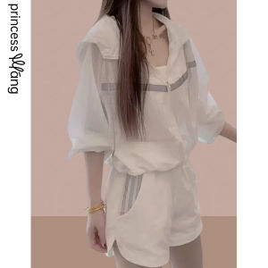 WANGGONGZHU | ชุดกันแดดฤดูร้อนสำหรับผู้หญิง ชุดกีฬาลำลอง แขนสั้น กางเกงขาสั้น ปกป้องผิว 2 ชิ้น ทรงหลวม แขนยาว ปกปิดหน้าท้อง