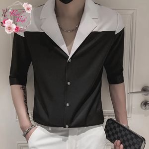 Áo sơ mi nam tay lỡ cổ vest phối màu đen trắng cực sang chảnh cuốn hút mọi ánh nhìn T1