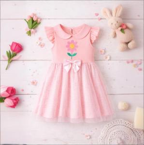 Girls Summer Pink Gingham Tutu Dress with Peter Pan Collar Ruffle Sleeve Flower Applique & Bow Cute Casual Birthday Party Wear