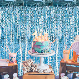 Tinsel Foil Fringe Curtain Glitter Blue Foil Fringe Backdrop Wall for Baby ShowerMermaidUnder The SeaBirthday Party Decor