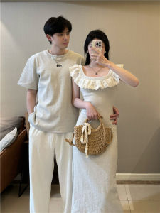 French Style Couple Matching Summer Floral Print Long Dress One Top One Skirt Polyester Fiber A-Line Skirt Short Sleeve U-Neck