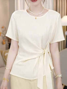 Áo Thun Cổ Tròn Hở Vai Tay Ngắn Thời Trang Mùa Hè 2025 Thiết Kế Thắt Eo Cổ Điển Chất Liệu Cotton Pha Trộn Thường Ngày