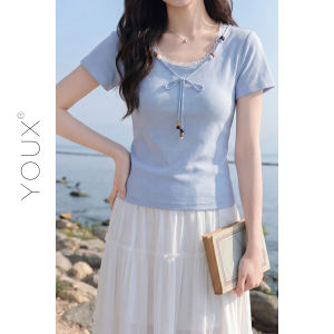 YOUXIANG | Áo Thun Tay Ngắn Cổ Tròn Dáng Ôm Có Dây Kéo Pháp Màu Xanh