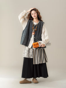 SHANGWEILUO | Embroidered French Style Shirt Jean Vest Skirt Set