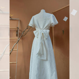 French Gentle Style White Dress Womens Short Sleeve Butterfly Knot Unique Beautiful Midi Skirt Commute Style Korean Version