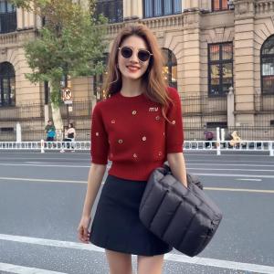 LIANGYILAILIN | Red Crewneck Beaded Knit Top Short Sleeve