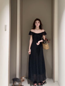 QINGMUZI | Retro French Style Off-Shoulder Polka Dot Dress Black Slimming