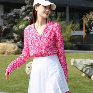 เสื้อเชิ้ตแขนยาวลายพิมพ์เสือดาวสีชมพูสำหรับผู้หญิง ทรงหลวม สไตล์ลำลอง คอวี ปก ผ้าฝ้าย ฤดูใบไม้ผลิและฤดูร้อน 2024