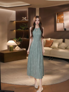 DENGLIULIU | Retro Dark Jacquard Green Slimming Long Womens Summer Dress
