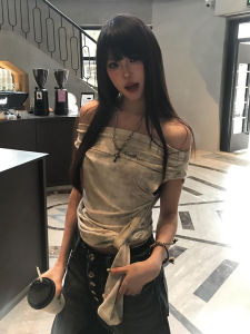 Summer New Style Womens Pure Desire One Shoulder T-shirt Slim Fit Short Sleeve Washed Effect Y2K Bodycon Top Shoulder Exposure