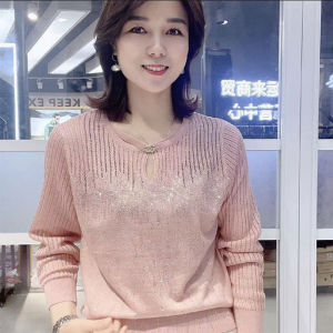 Elegant Anti-Aging Long Sleeve Diamond Knitted Base Shirt Loose Belly Cover High End Mommy Womens Top Trendy Commute Style