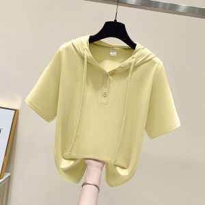 plus Size Womens Hoodie Short Sleeve T-Shirt Summer New Style Slimming Belly Covering Meat Hiding Casual Loose Fit Cotton